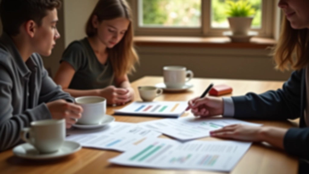 Family at dining table reviewing budget papers and discussing financial plans together