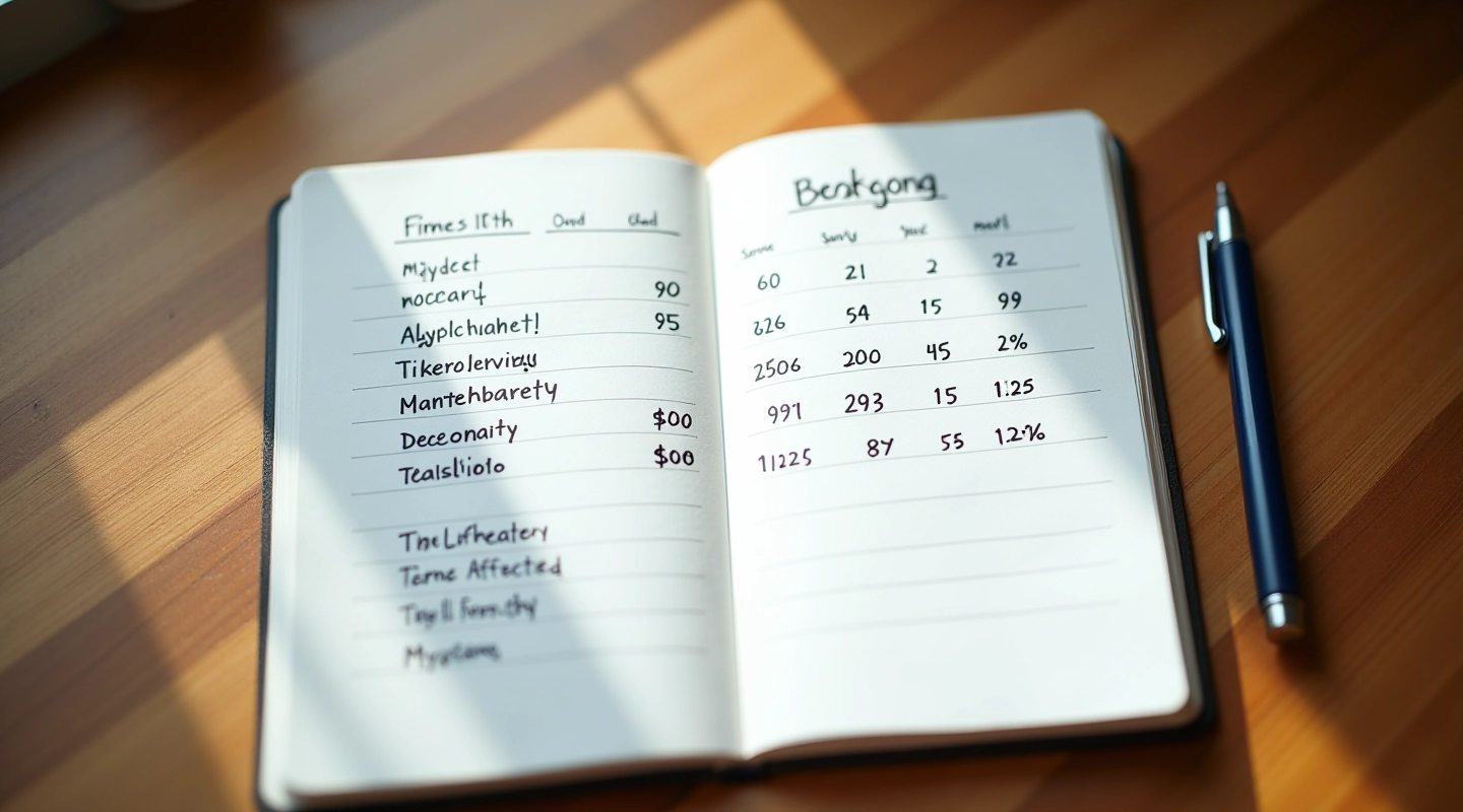 Notebook with handwritten budget categories and pen on wooden desk with morning light