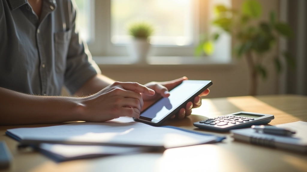 Person reviewing expense categories on paper with calculator and pen on table